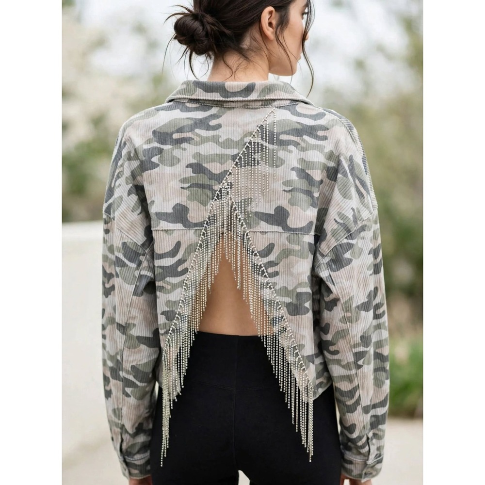 Savanna Jane Camo Rhinestone Fringe Cropped Shacket Jacket L NWT